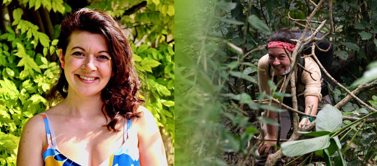 Two images side by side. On the left, a headshot of Katarina Almeida-Warren smiling for the camera. On the right, Katarina Almeida-Warren crouches in a forest surrounded by leaves and branches