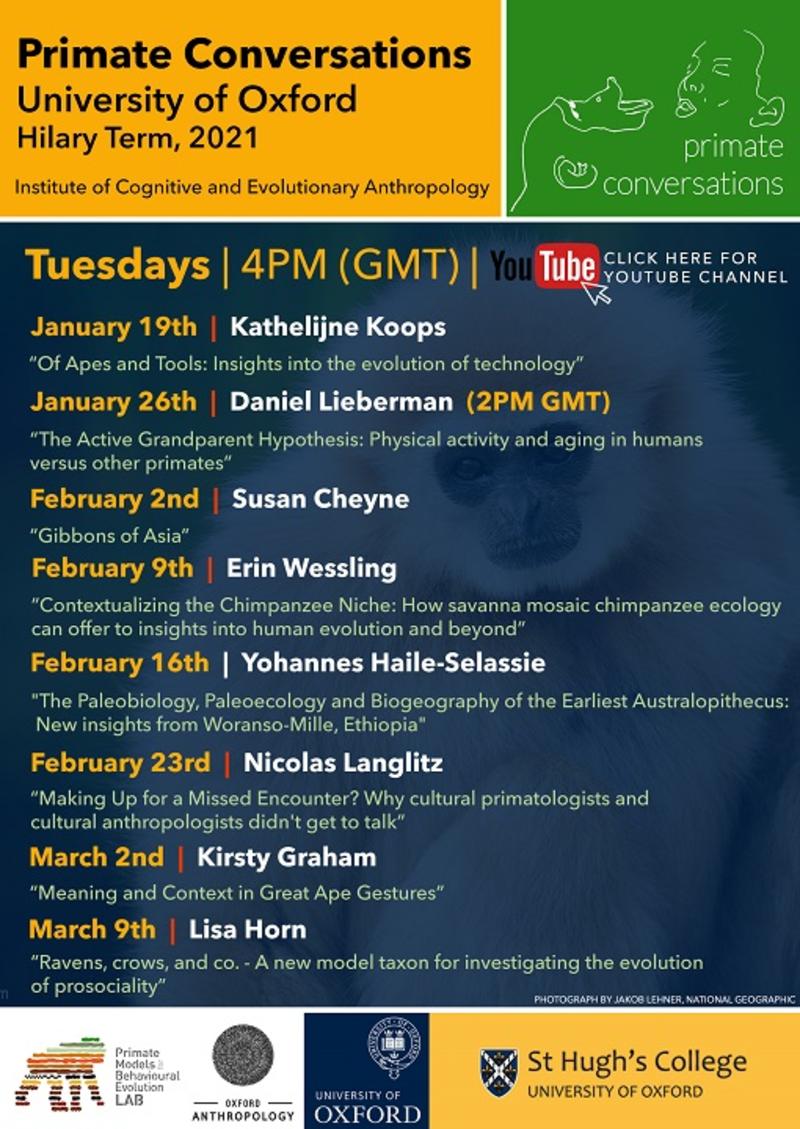 Primate Conversations schedule for Hilary Term 2021, Tuesdays at 4PM (GMT)