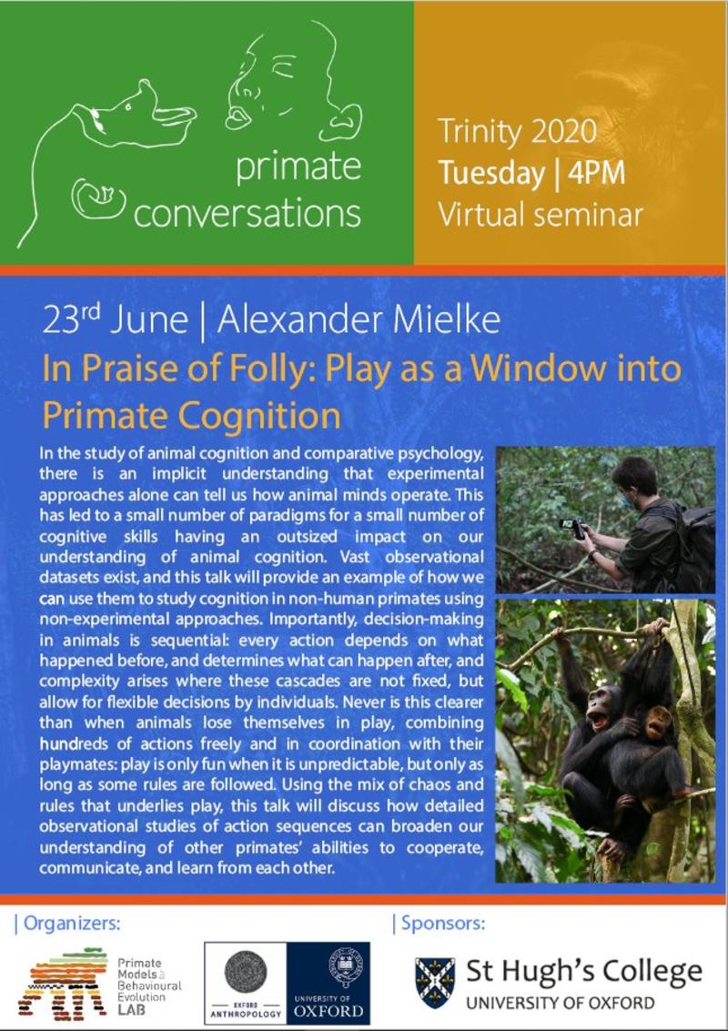 Advertisement for Primate Conversations with Alexander Mielke, "In Praise of Folly:Play as a Window into Primate Cognition"