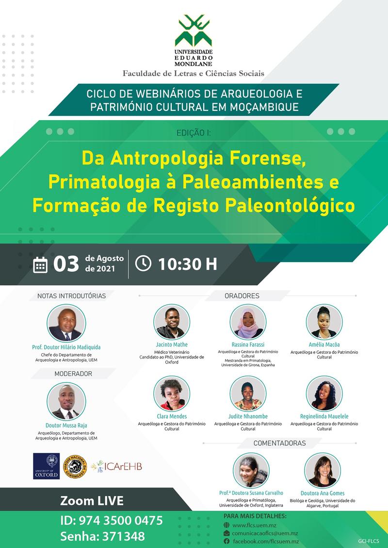 Poster for a webinar on 3 August 2021, "Da Antropologia Forense, Primatologia à Paleoambientes e Formação de Registo Paleontológico"