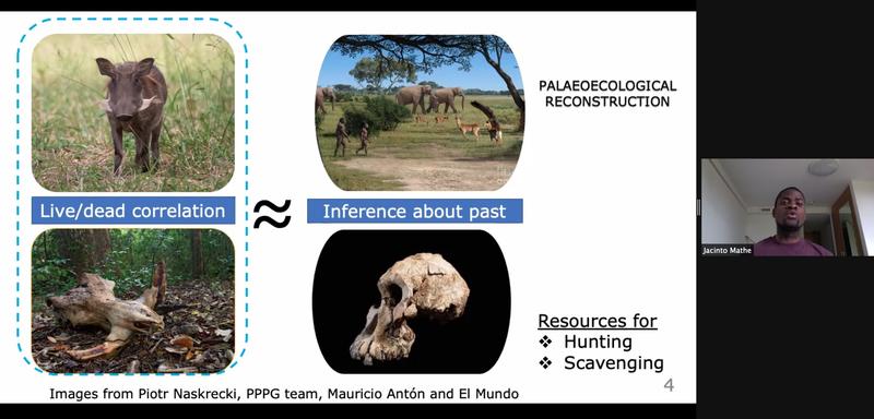 DPhil student Jacinto Mathe presenting his research on 'Bones and ecology in the southern African Rift Valley: implications for our understanding of human evolution' during the St Hugh's College Spotlight on Graduate Research, 15 April 2021