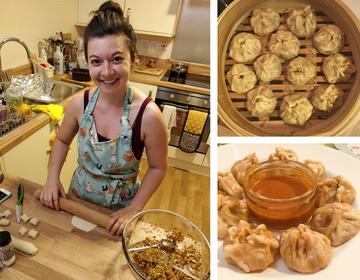Kat's non-academic activities: an image of Kat wearing an apron whilst busy in the kitchen rolling out dough, alongside two close-ups of the finished Momos