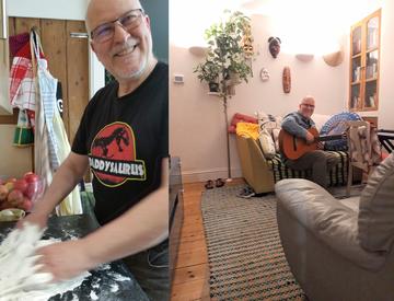 René's non-academic activities - one image of René kneading dough in order to make bread and another of him playing the guitar