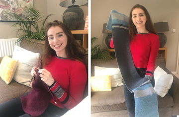 Sophie's non-academic activities - Sophie knitting a scarf and then showing the finished product