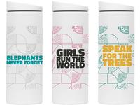 Three MiiR travel tumblers, featuring the text 'ELEPHANTS NEVER FORGET', 'GIRLS RUN THE WORLD', and 'SPEAK FOR THE TREES'