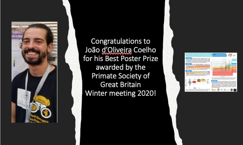 Congratulations to João d'Oliveira Coelho for his Best Poster Prize awarded by the Primate Society of Great Britain Winter Meeting 2020 Congratulations to João d'Oliveira Coelho for his Best Poster Prize awarded by the Primate Society of Great Britain Winter Meeting 2020