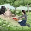 Artwork depicting Dr Alejandra Pascual-Garrido in the field observsing a chimpanzee termite fishing with a stick